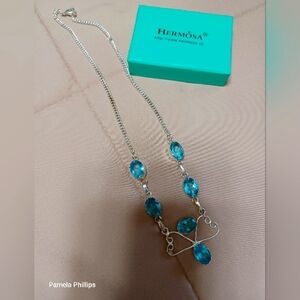 Blue and Silver Asymmetrical Beaded Necklace Blue Topaz Real Gemstones